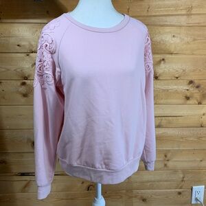 Vintage Y2K Baby Pink‎ Floral Lace Sleeve Sweatshirt Pullover Soft Embroidered
